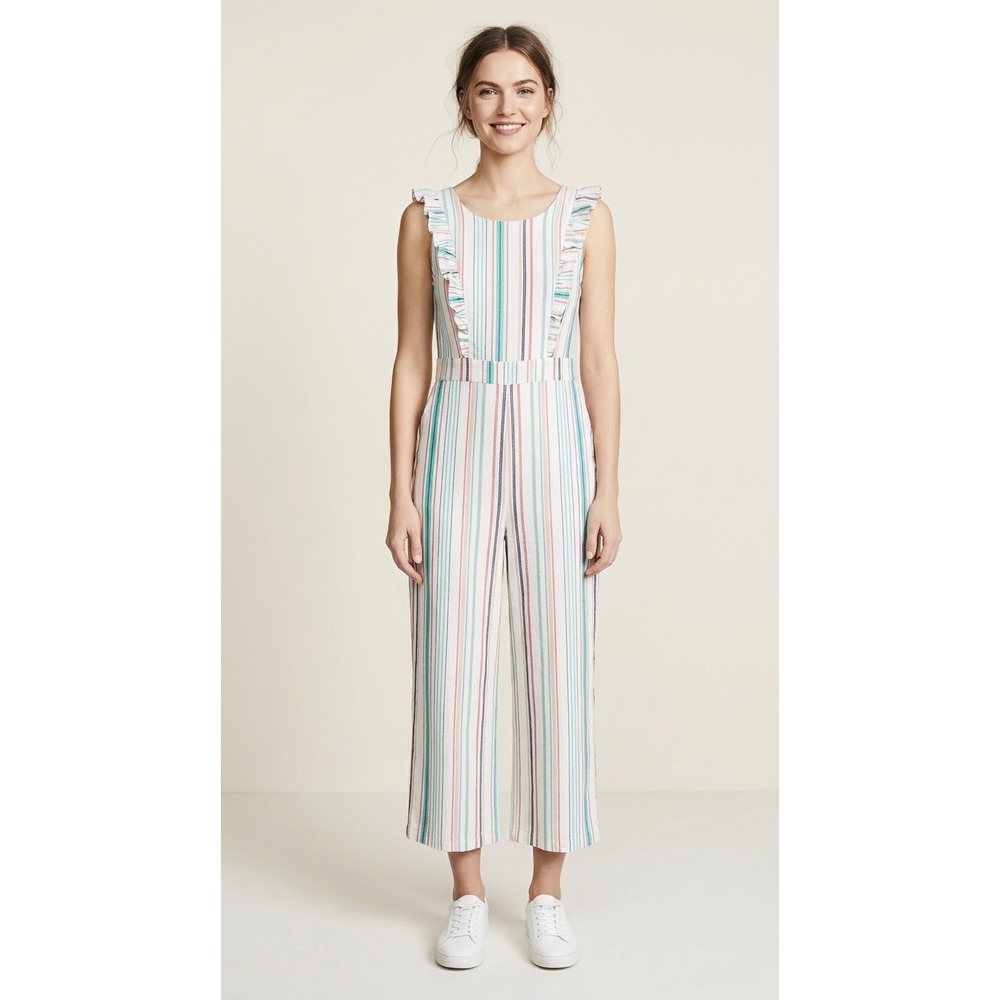 June & Hudson Striped Jumpsuit Wide Leg Capri Sleeveless Ruffles Boho Sz 1